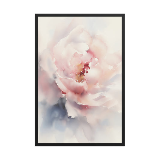 Graceful Stillness Floral Digital Watercolor Artwork Pink Peony Print in Black Wood Frame