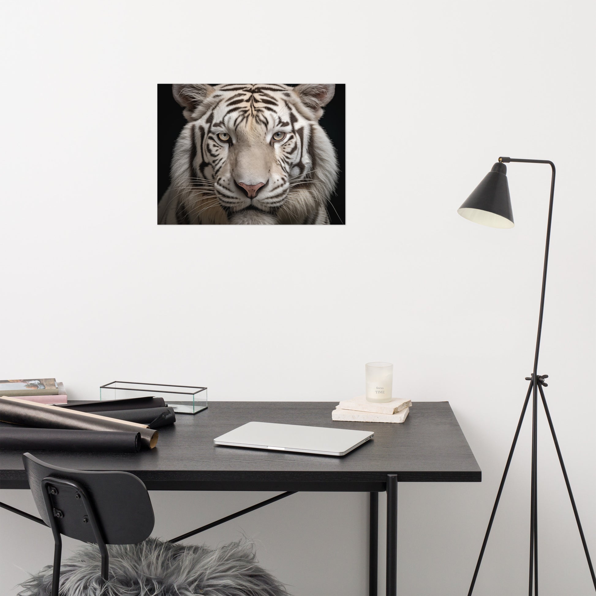 Hallway Prints: Albino Majesty White Tiger Photorealism Painting - Digital Artwork Loose Art Print