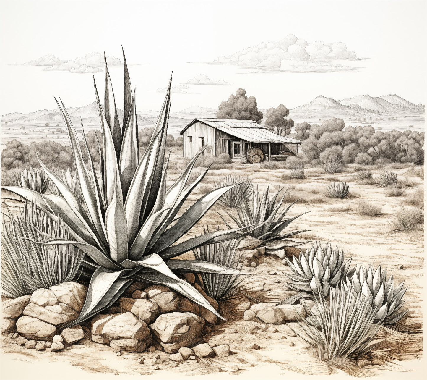 High Desert Homestead Pencil Drawing Illustration - Digital Artwork Loose Art Print