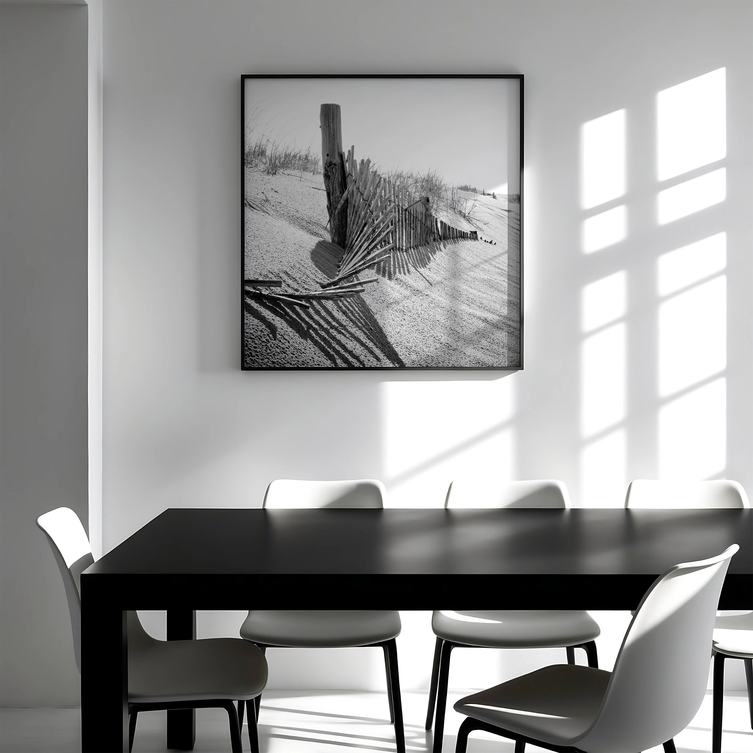 High Key Dunes Coastal Black and White Landscape Photograph Custom Frame in Office Setting