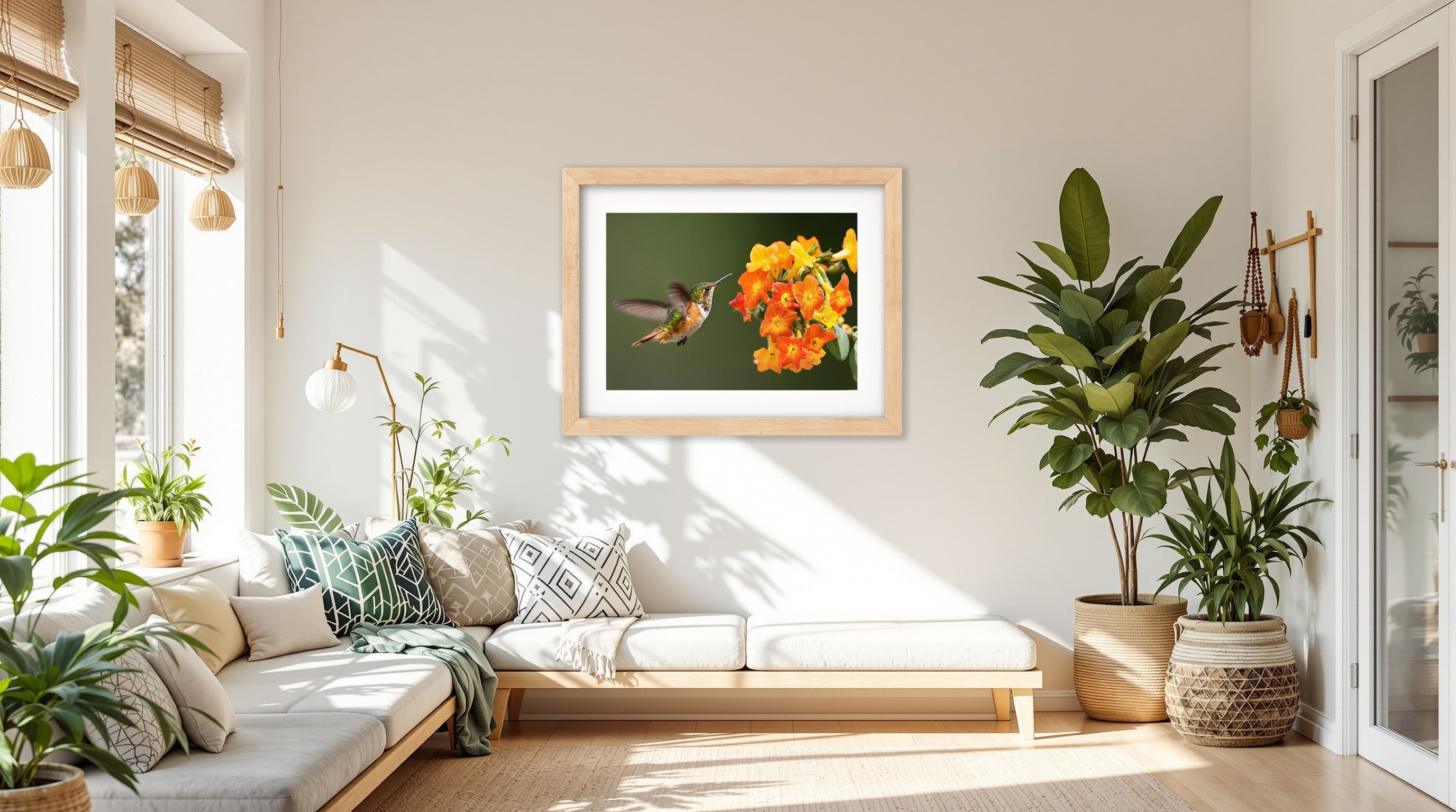 Hummingbird with Little Yellow-Orange Flowers 2 Framed in Boho Style Sunroom