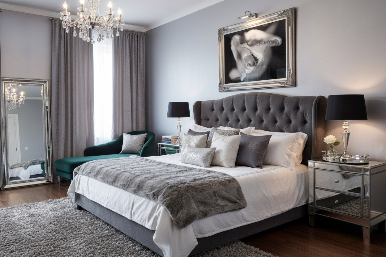 Luxurious bedroom with gray upholstered bed, green armchair, and decorative elements.