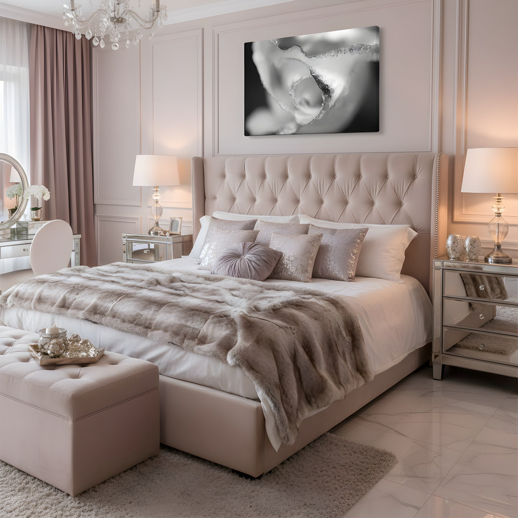Infrared Rose Nature Photography Floral Custom Framed Wall Art Print in Glam Style Bedroom Setting 2