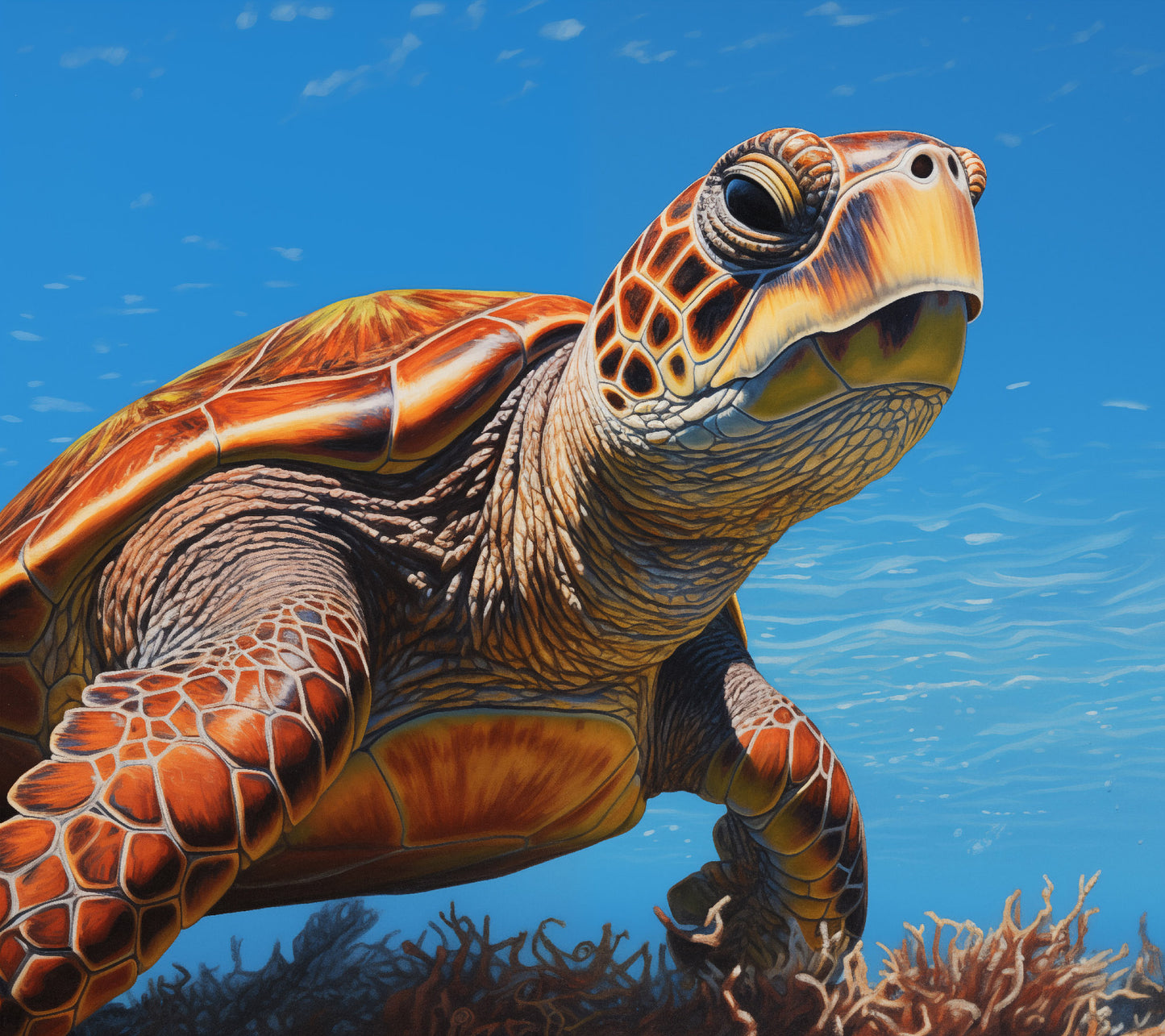 Journey Through the Blue Sea Turtle Coastal Photorealism - Digital Artwork Loose Art Print