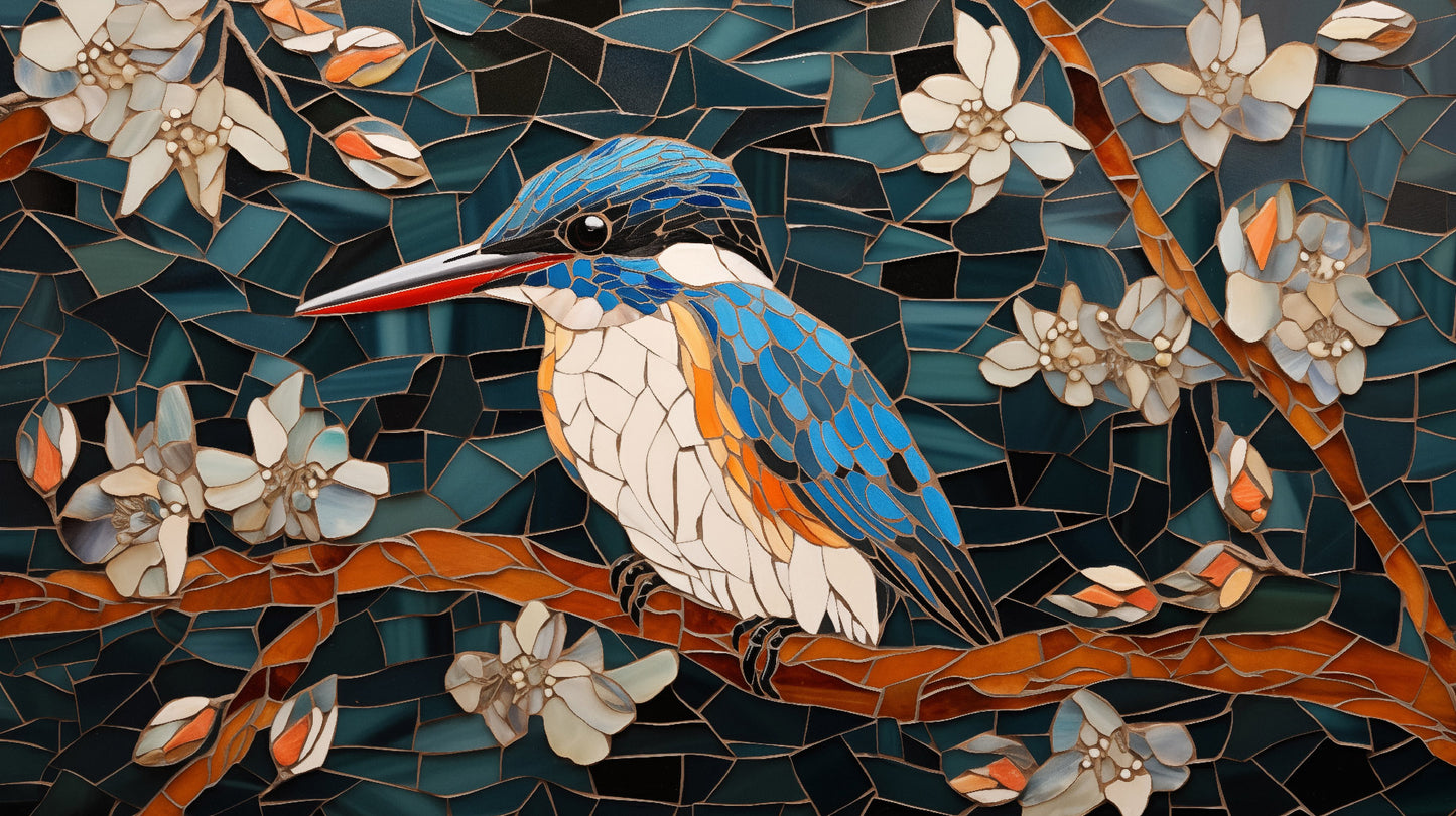 Kingfisher Among Blossoms Mosaic Illustration - Digital Artwork Loose Art Print