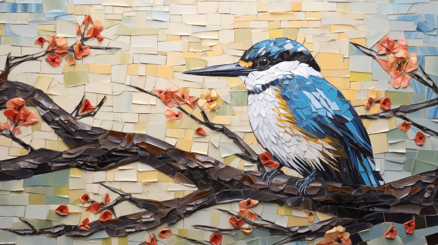 Kingfisher Serenade Mosaic Illustration - Digital Artwork Loose Art Print