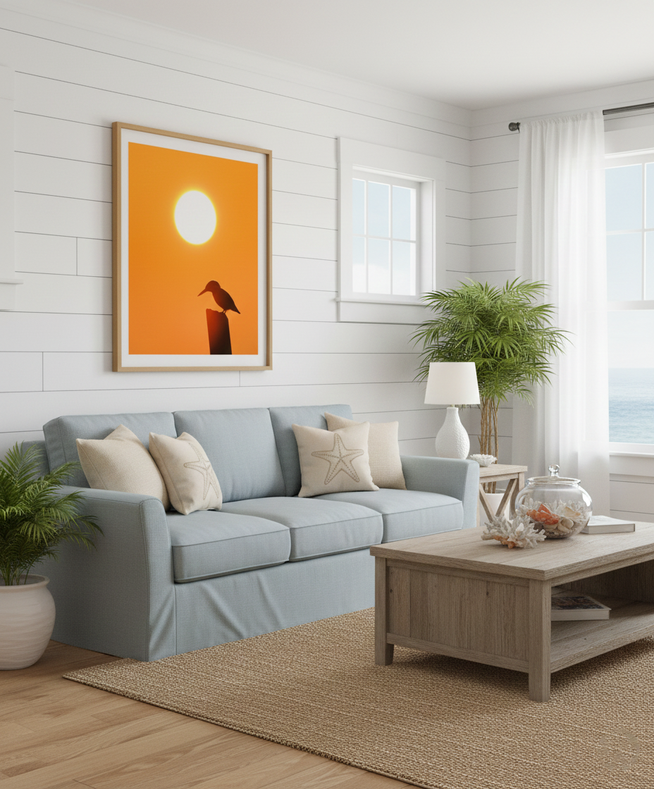 Kingfisher Bird Silhouette on Perch At Sunset Custom Framed Print in Coastal Style Living Room