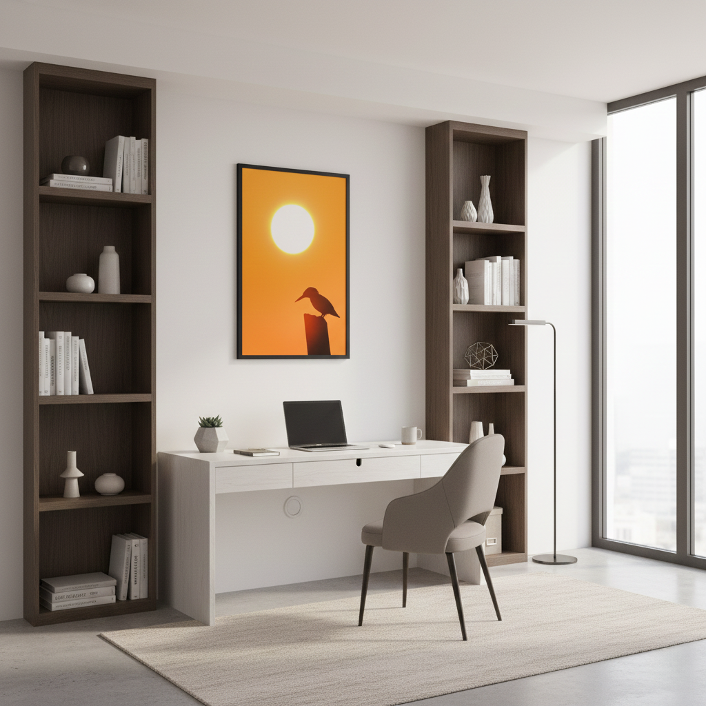Kingfisher Bird Silhouette on Perch At Sunset Framed in Contemporary Style Home Office