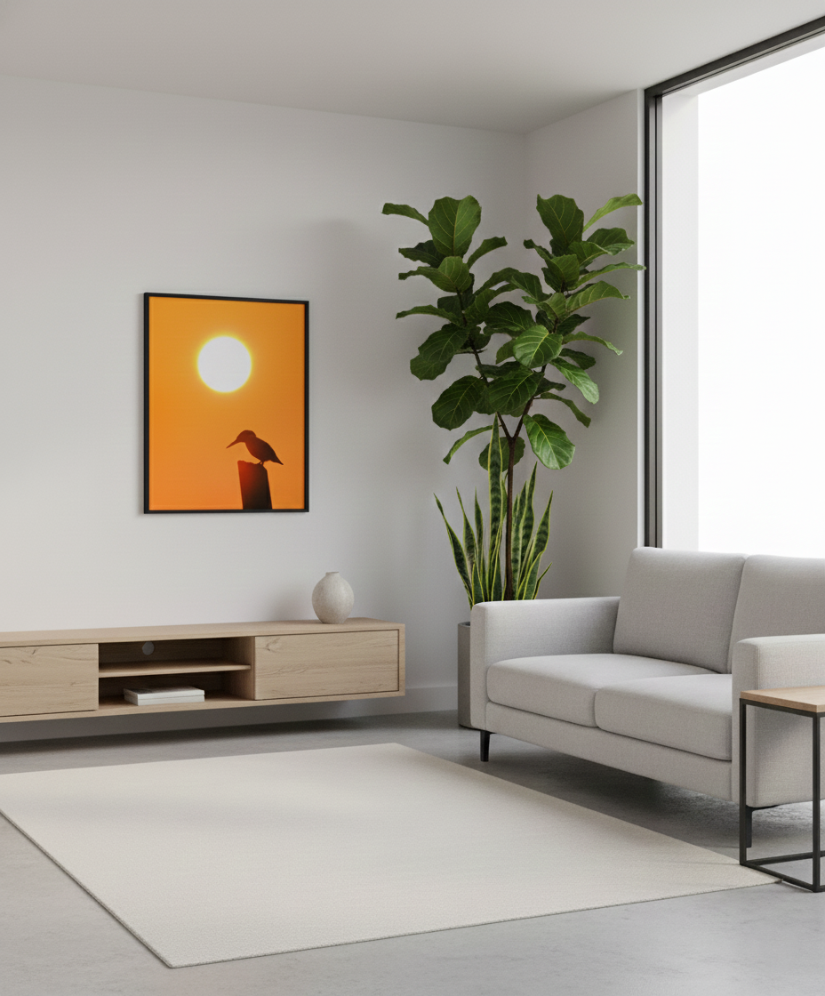 Kingfisher Bird Silhouette on Perch At Sunset Framed in Minimalistic Style Living Room