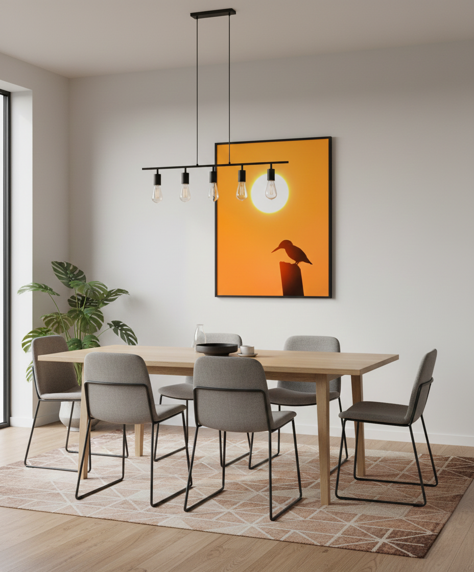 Kingfisher Bird Silhouette on Perch At Sunset Framed in Modern Style Dining Room