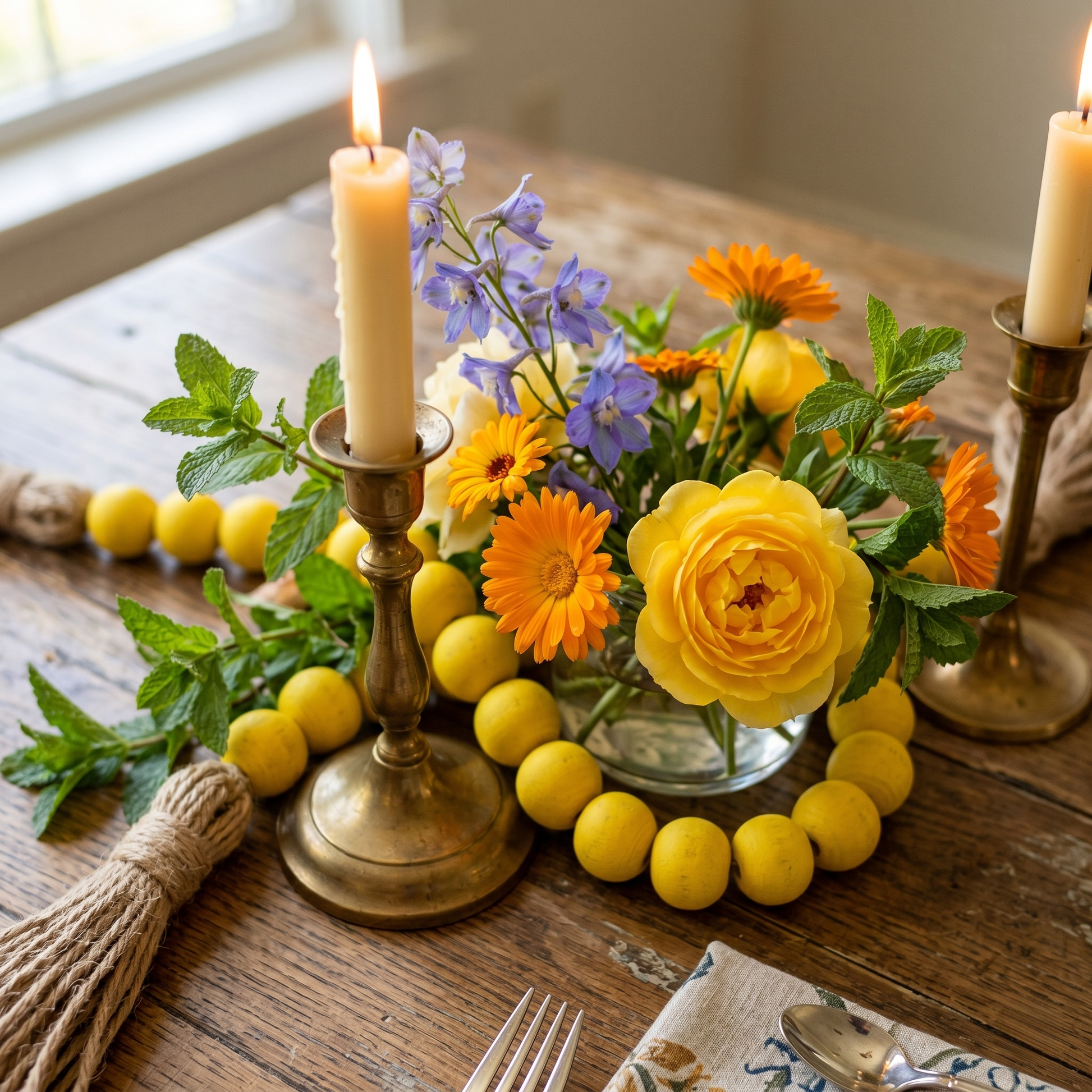 Lemon Yellow Wood Bead Garland (4) in Modern Farmhouse Table Centerpiece Home Decor Accent
