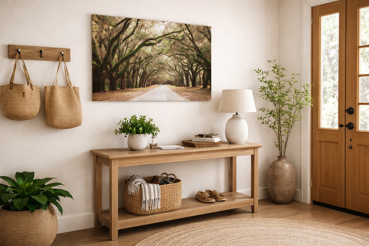 Live Oak Trees and Spanish Moss Roadway Landscape Photograph Canvas in Modern Organic Style Foyer
