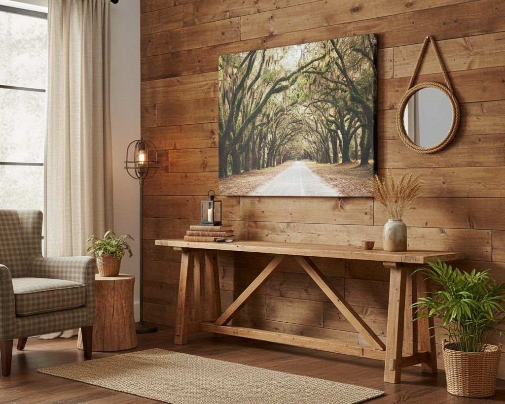 Live Oak Trees and Spanish Moss Roadway Landscape Photograph Canvas in Rustic Style Living Room