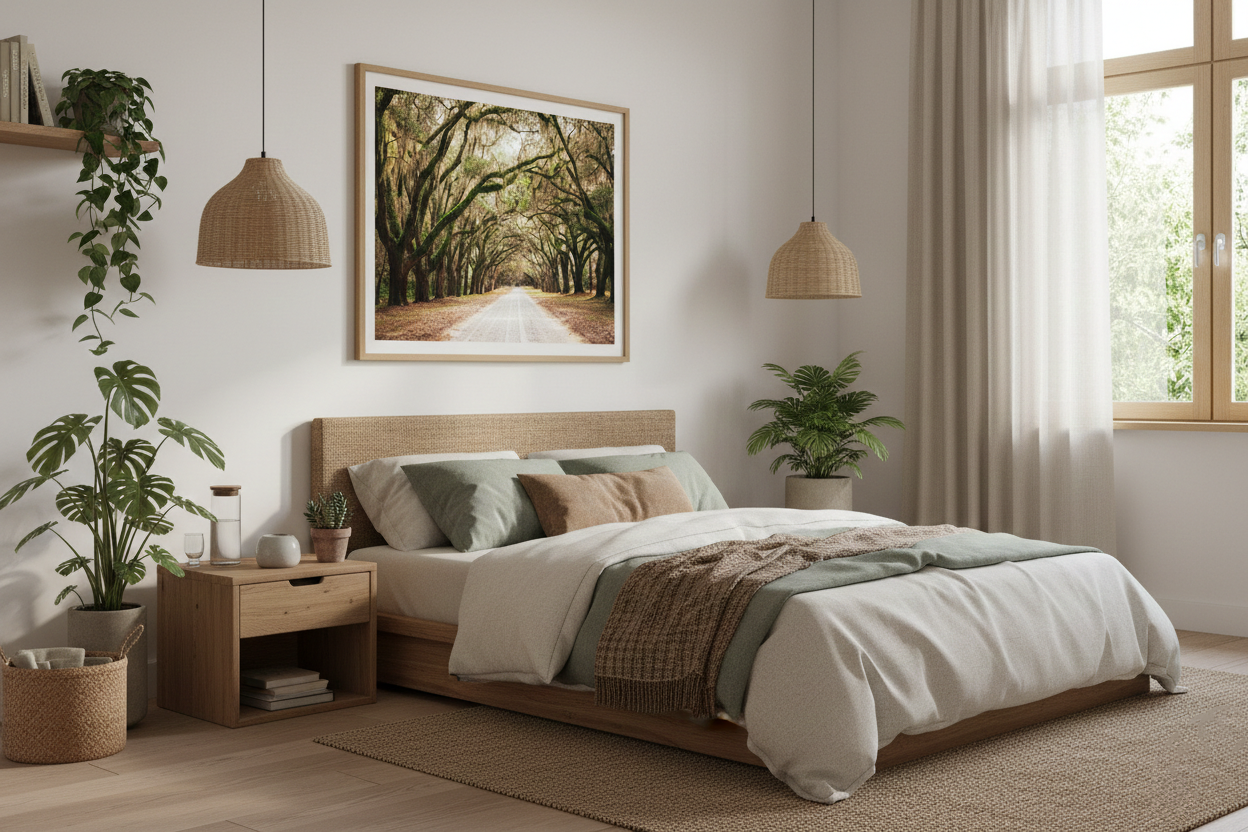 Live Oak Trees and Spanish Moss Roadway Landscape Photograph Loose in Biophilic Style Bedroom