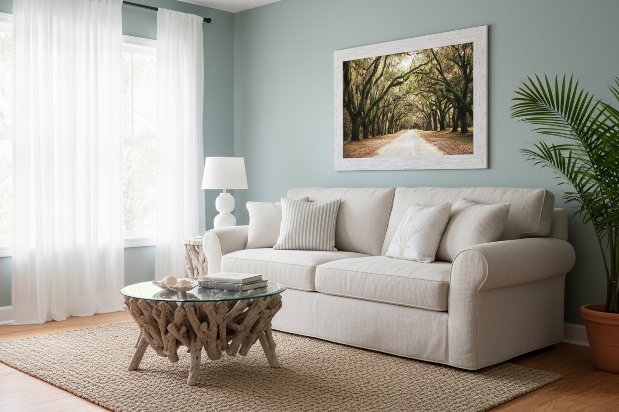Live Oak Trees and Spanish Moss Roadway Landscape Photograph Loose in Southern Coastal Style Living Room