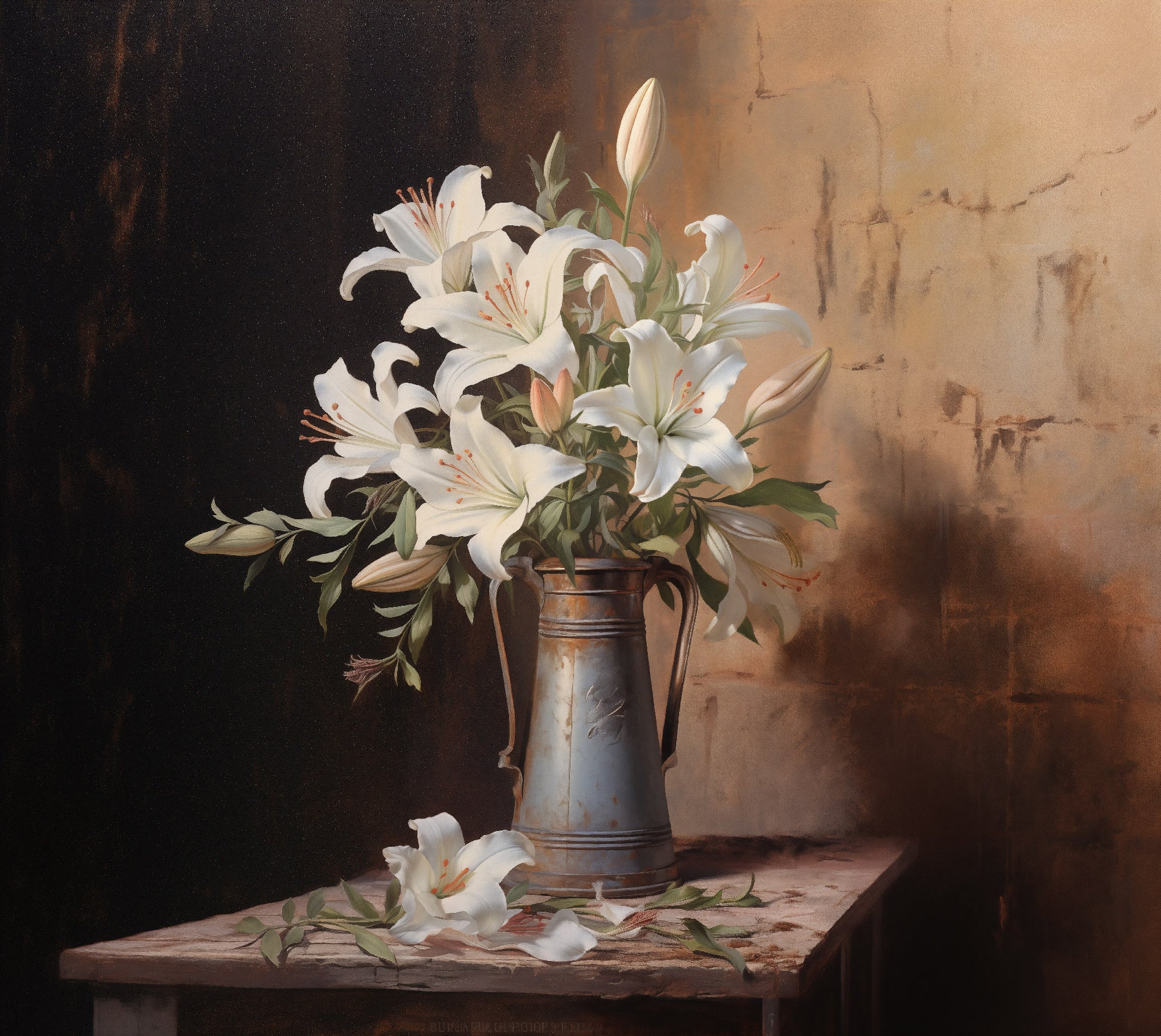 Rustic Wall Art Decor: Luminous Tranquility Vase with Flowers Floral Still Life Pastel Drawing Painting Effect Digital Art Print