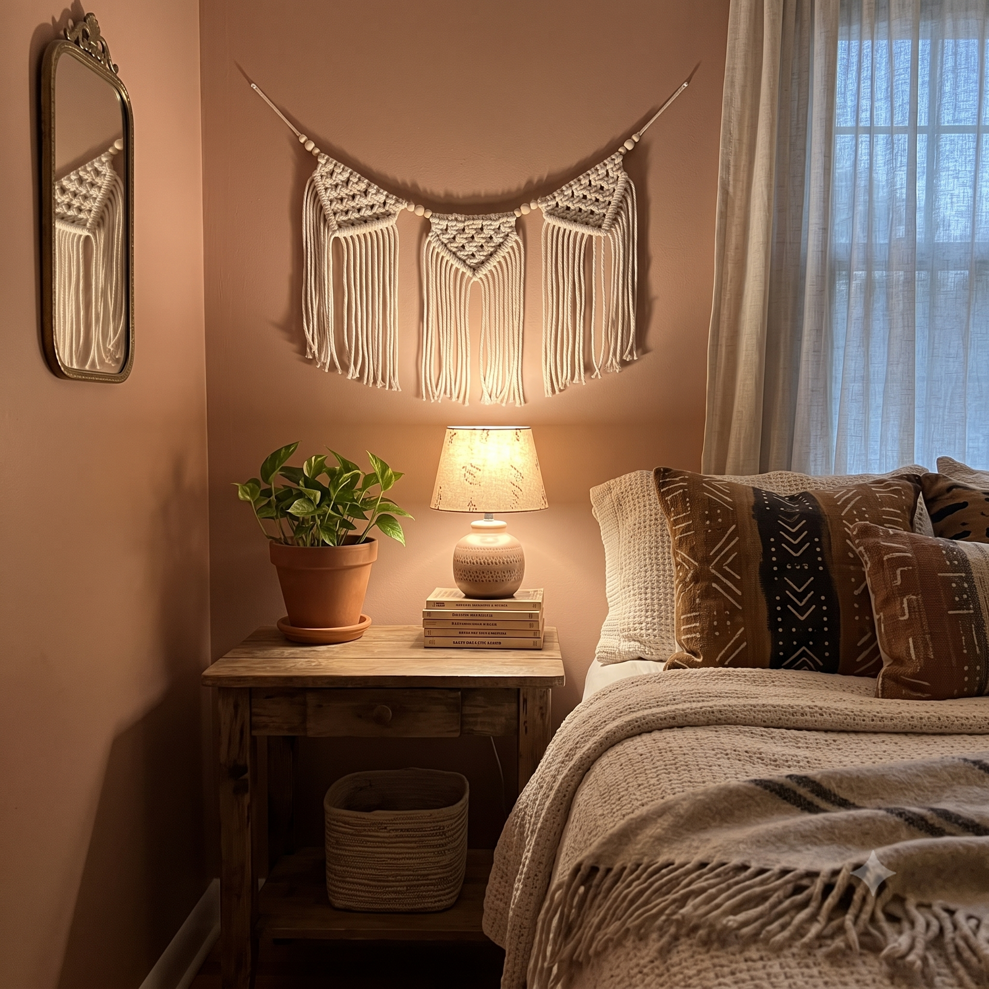 Macrame Wall Hanging Garland with Natural Wooden Beads - Home Decor in Boho Bedroom Setting