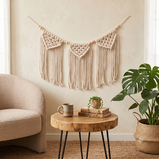 Macrame Wall Hanging Garland with Natural Wooden Beads - Home Decor in Modern Organic Living Room Setting