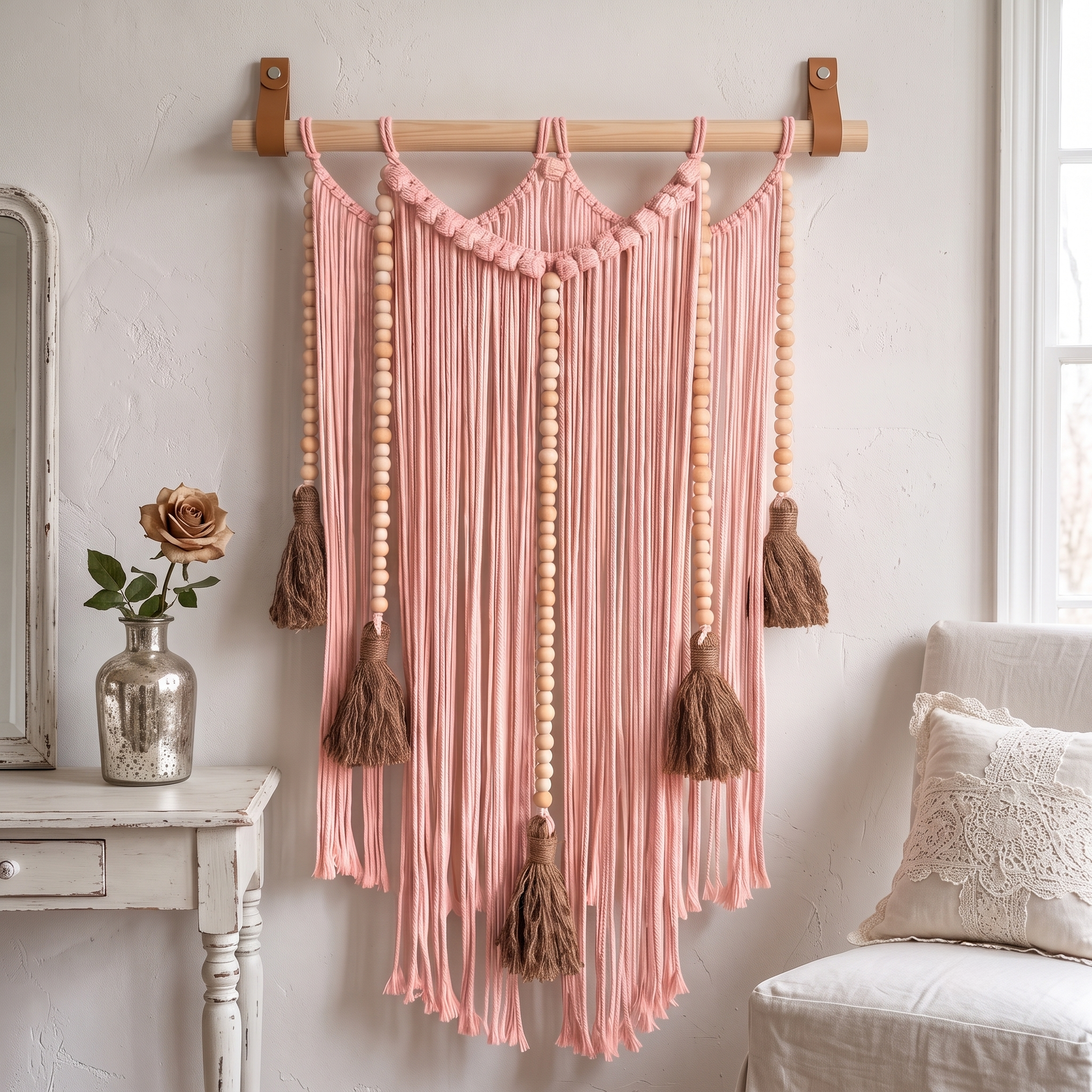 Macrame Wall Hanging Large Boho Wall Decor Handmade Tapestry Bohemian Home Accent Woven Fiber Art Brick Pink in Shabby Chic Style Dressing Room