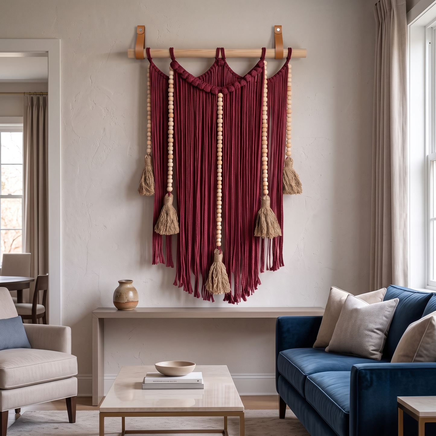 Macrame Wall Hanging Large Boho Wall Decor Handmade Tapestry Bohemian Home Accent Woven Fiber Art Burgundy in Transitional Style Living Room