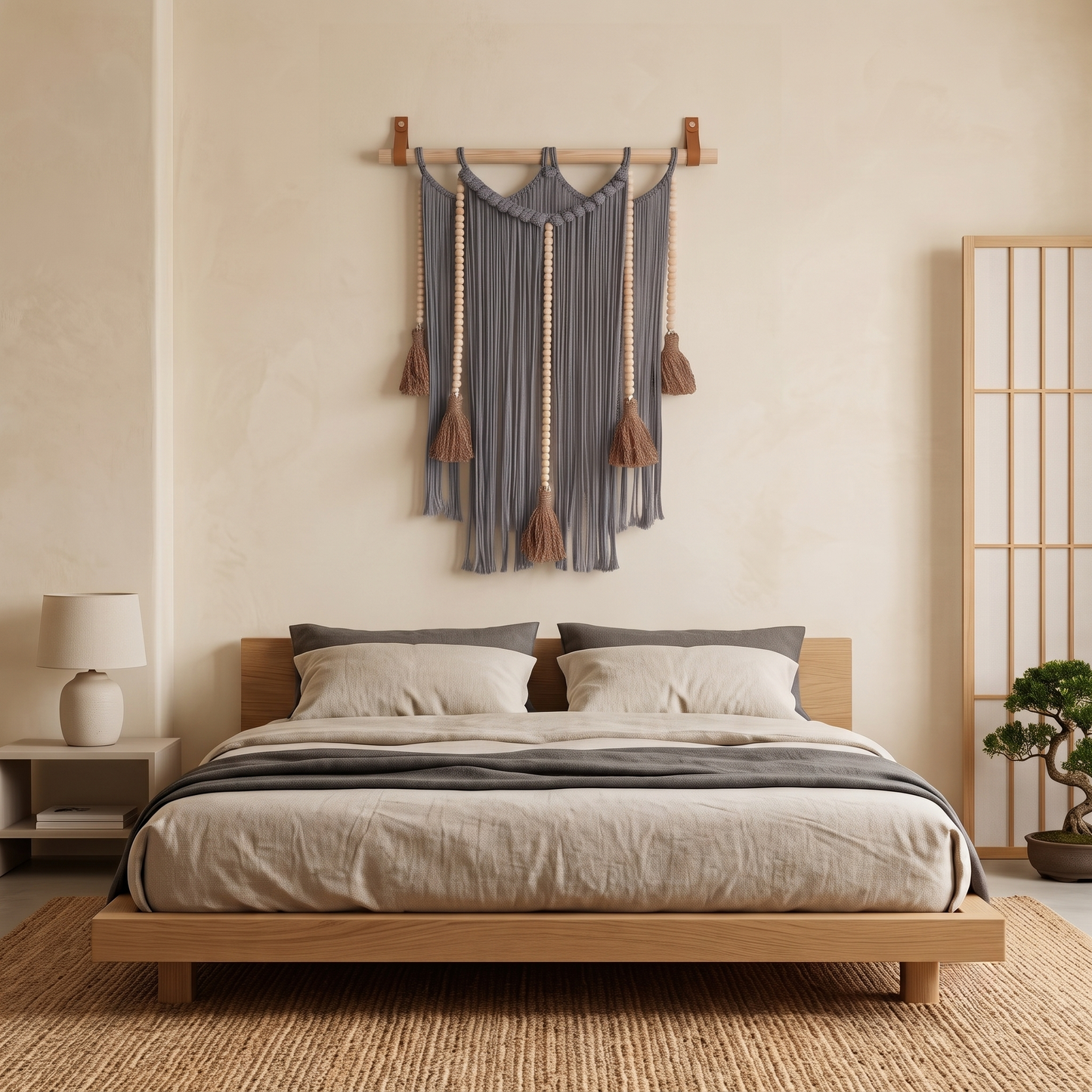 Macrame Wall Hanging Large Boho Wall Decor Handmade Tapestry Bohemian Home Accent Woven Fiber Art Dark Grey in Japandi Style Master Bedroom