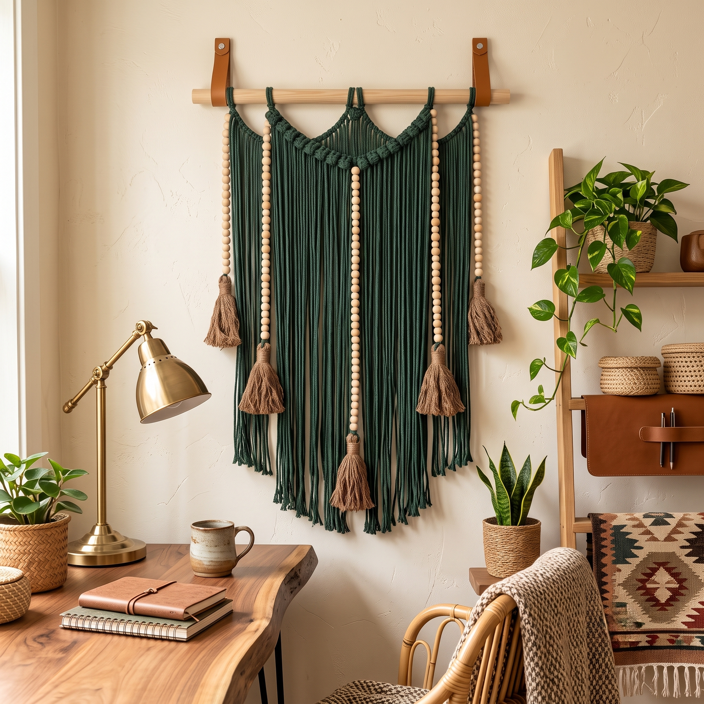 Macrame Wall Hanging Large Boho Wall Decor Handmade Tapestry Bohemian Home Accent Woven Fiber Art Deep Green in Earthy Boho Style Home Office