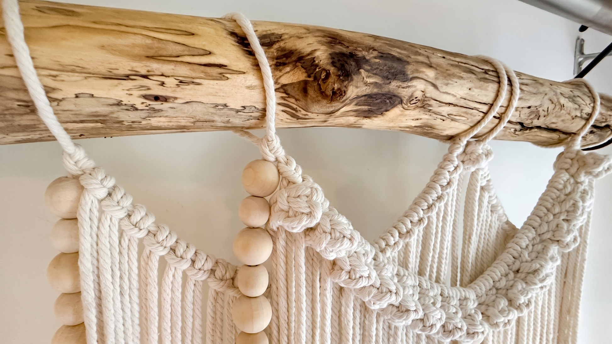 Macrame Wall Hanging Large Boho Wall Decor Handmade Tapestry Bohemian Home Accent Woven Fiber Art Neutral (10) Close-up Driftwood Texture