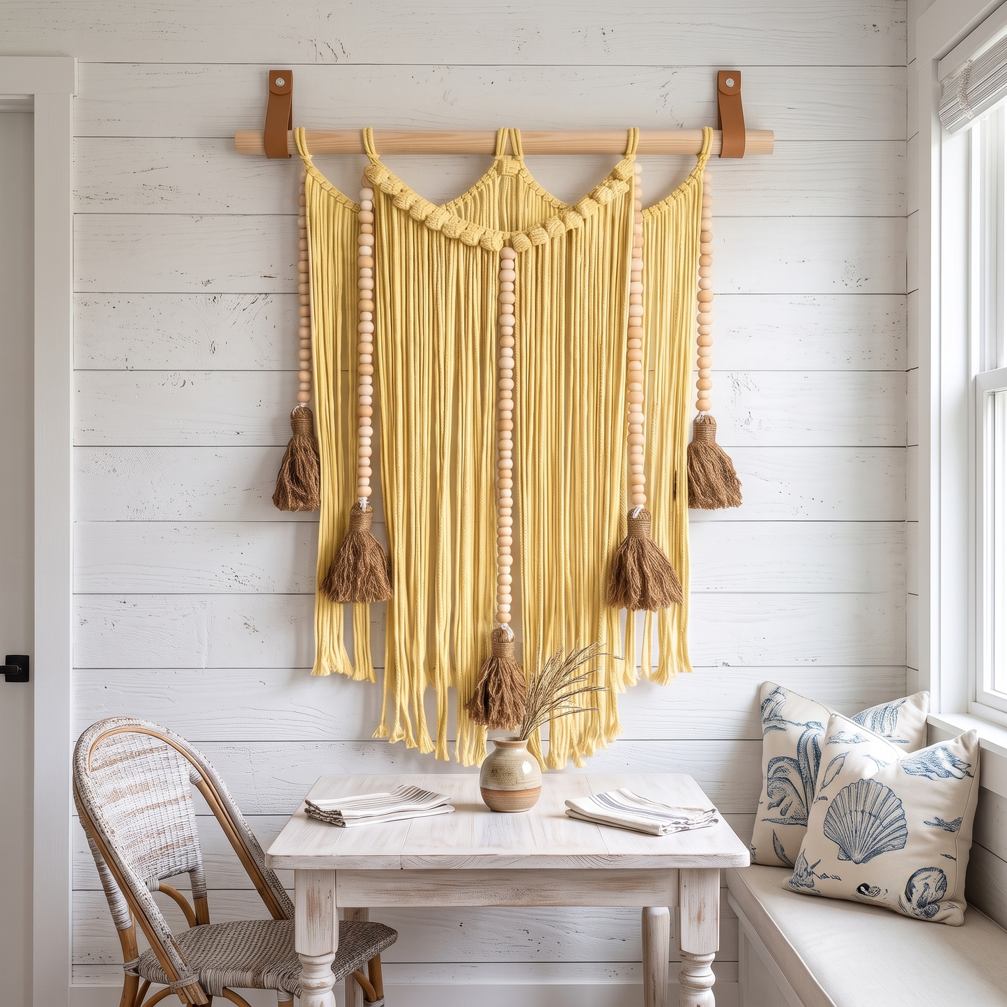 Macrame Wall Hanging Large Boho Wall Decor Handmade Tapestry Bohemian Home Accent Woven Fiber Art Yellow in Coastal Cottage Style Dining Nook