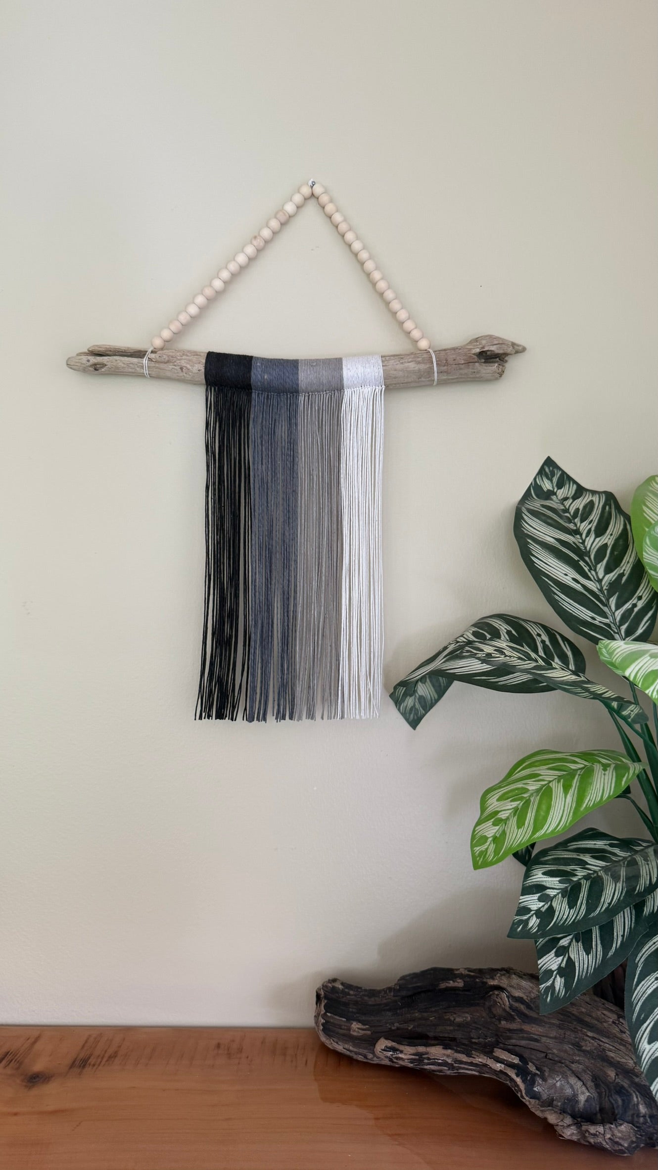 Macramé and Driftwood Wall Hanging Grayscale Texture Art