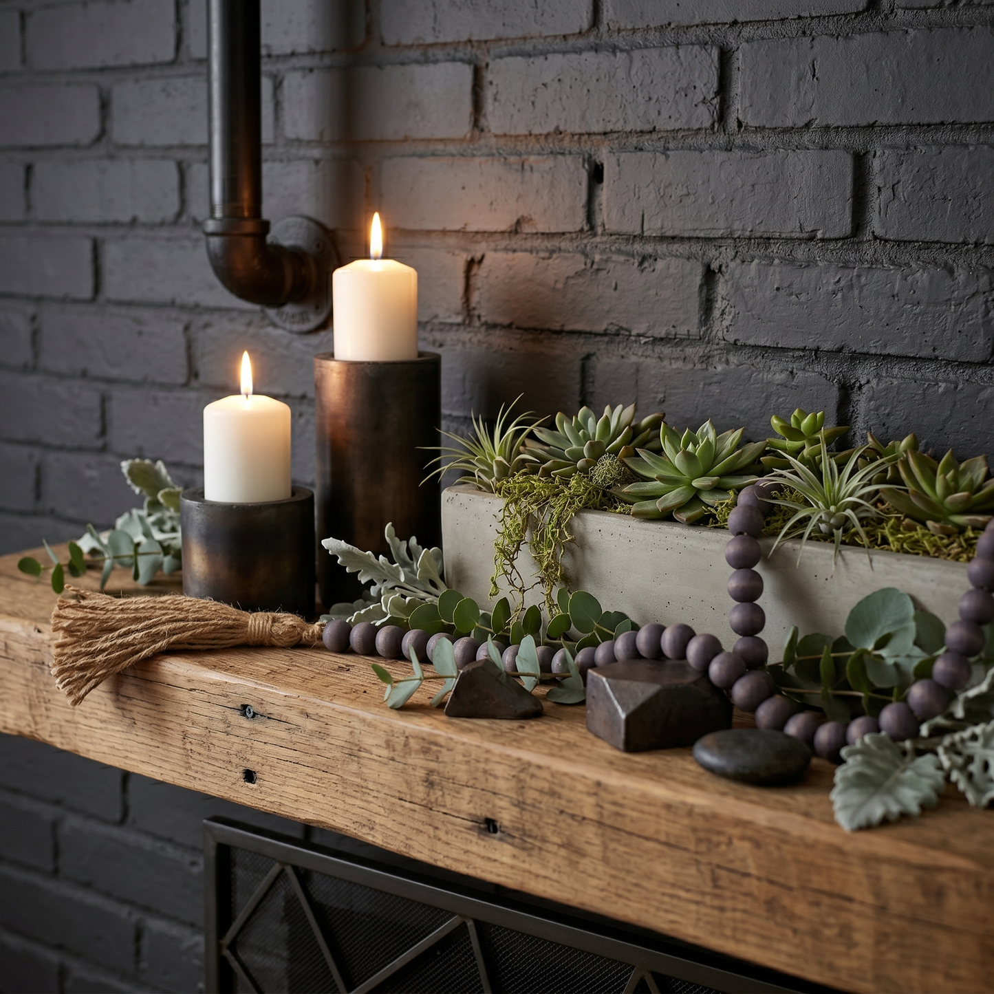 Medium Charcoal Gray Wood Bead Garland Modern Industrial style mantel centerpiece