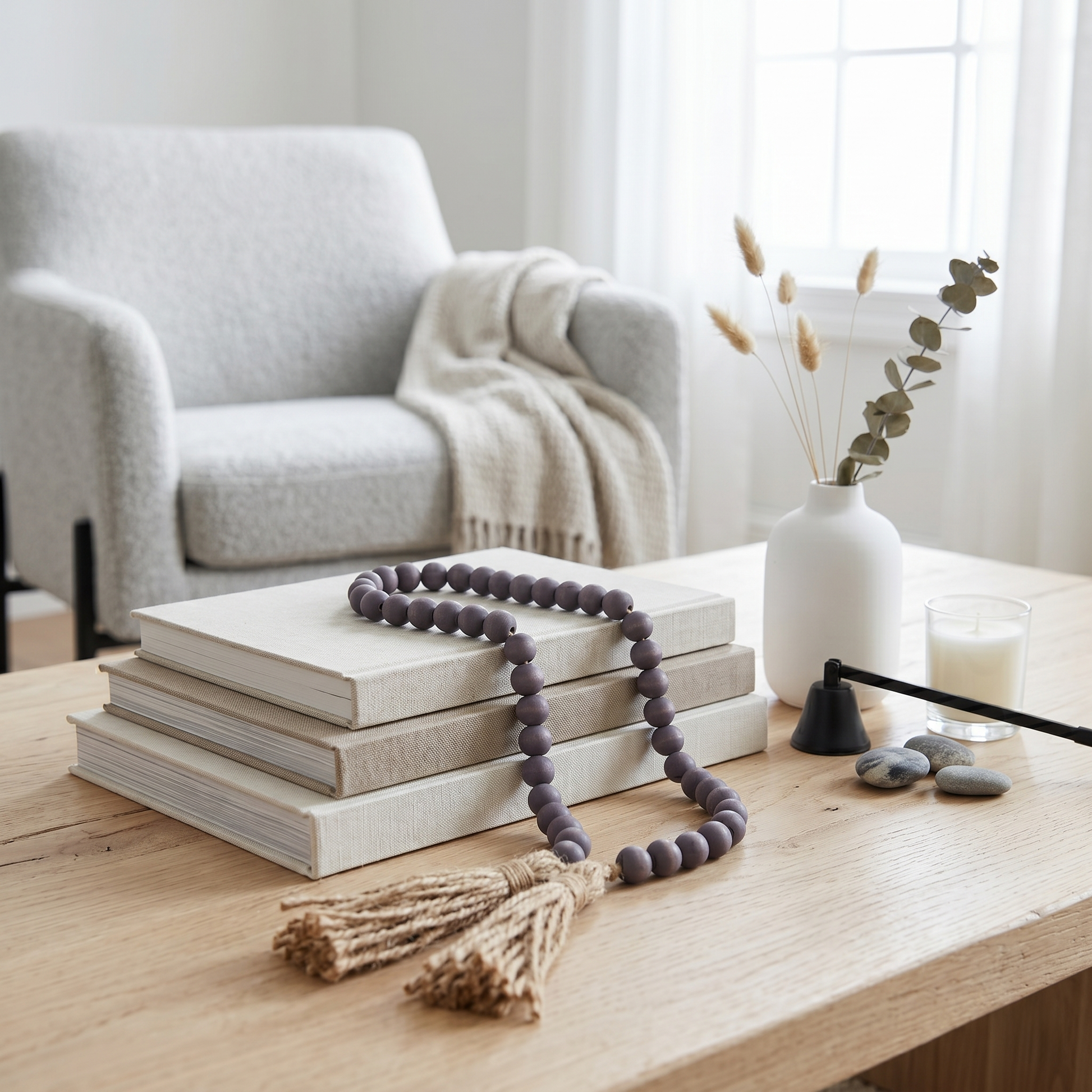 Medium Charcoal Gray Wood Bead Garland Scandinavian style living room coffee table set up