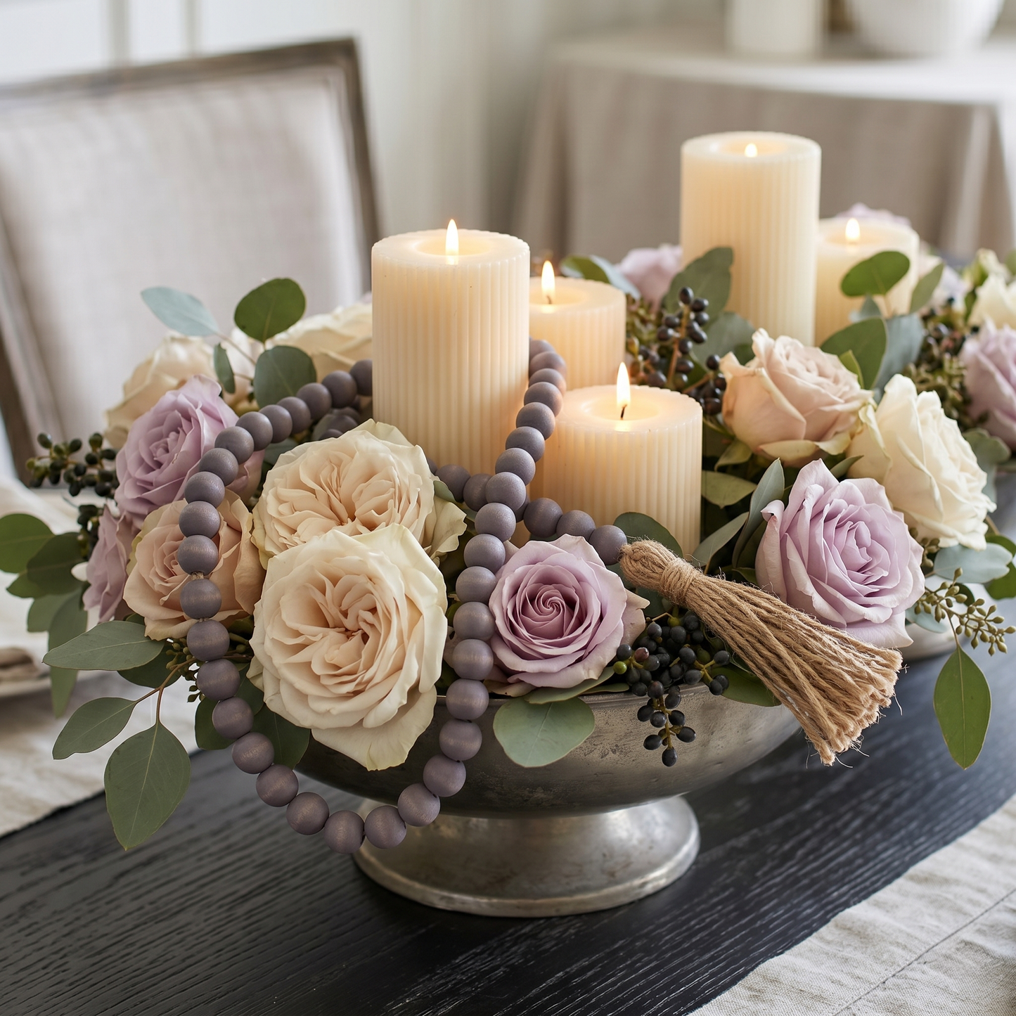 Medium Charcoal Gray Wood Bead Garland in Transitional style dining room centerpiece