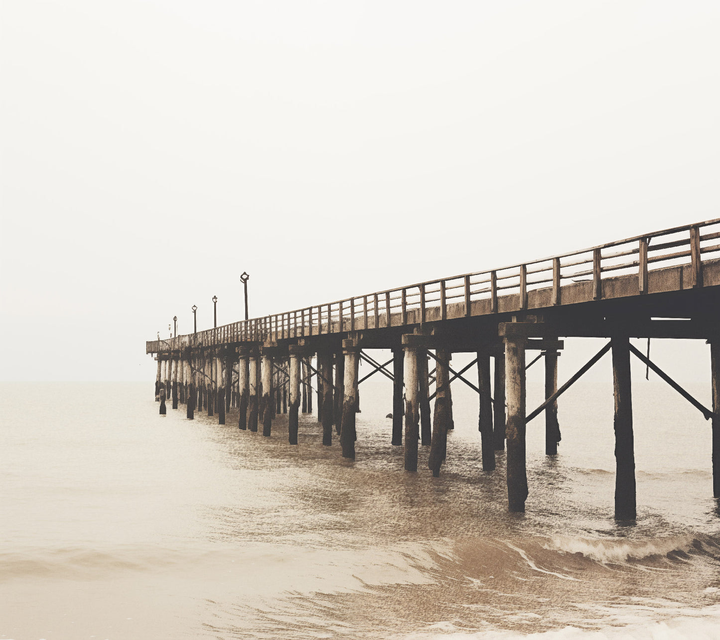 The Pier in the Fog Subdued Retro Coastal Photorealism - Digital Artwork Loose Art Print