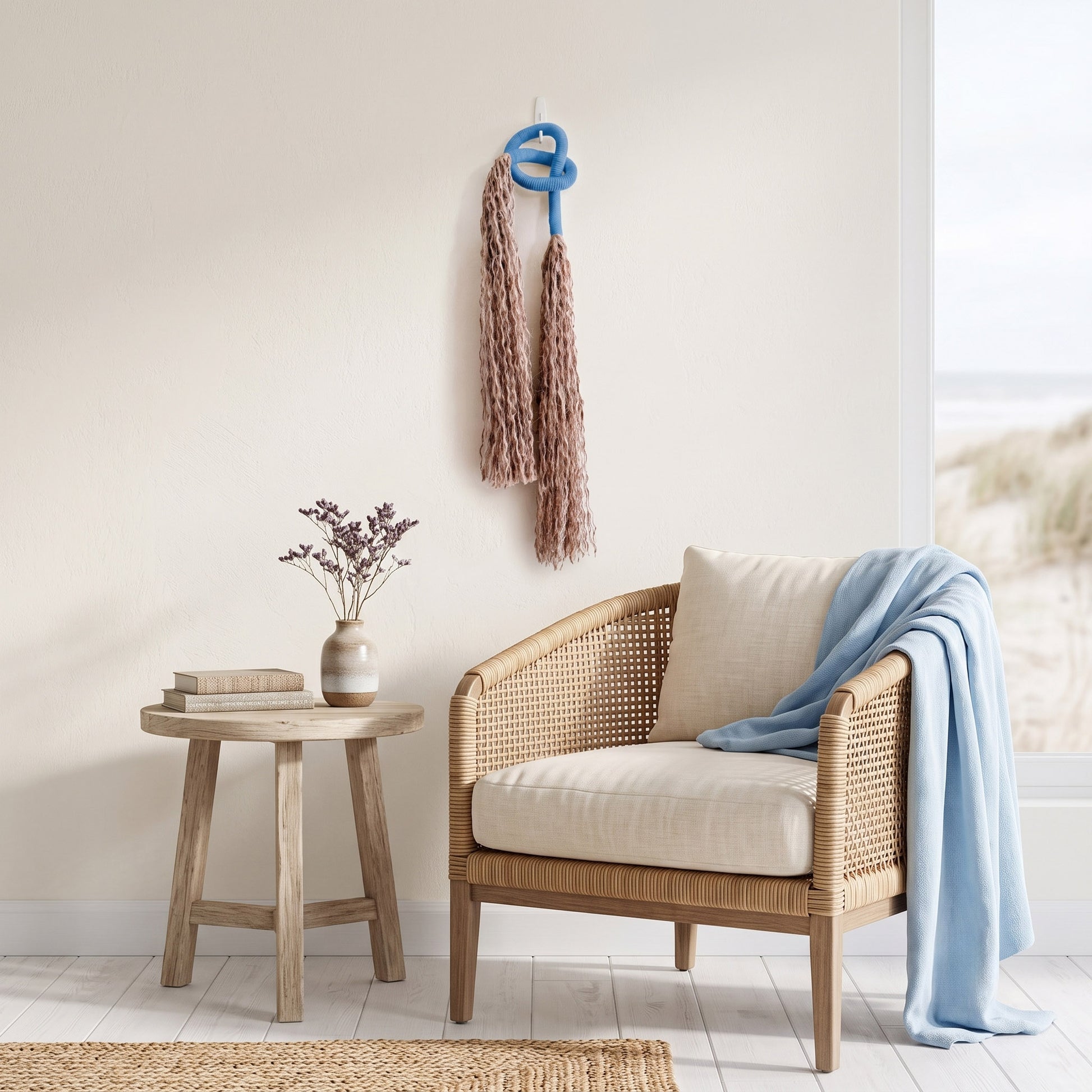 Minimalist Overhand Knot Macrame Wall Hanging – Textured Fiber Art Azure Blue in  Modern Coastal Style Living Room