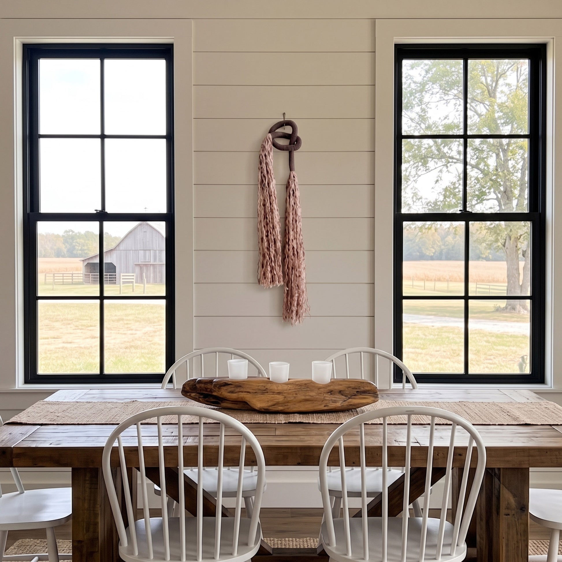 Minimalist Overhand Knot Macrame Wall Hanging – Textured Fiber Art Expresso Brown in Modern Farmhouse Style Dining Room