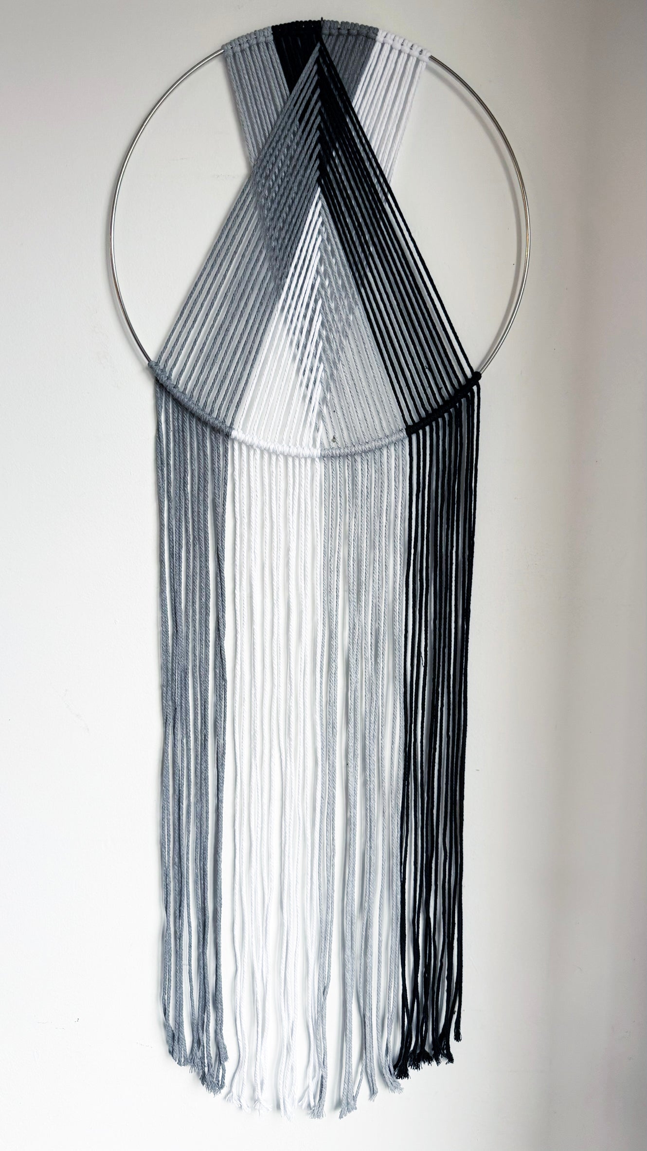 Modern Monochrome Macrame Hoop Wall Hanging - Geometric Ombre Art