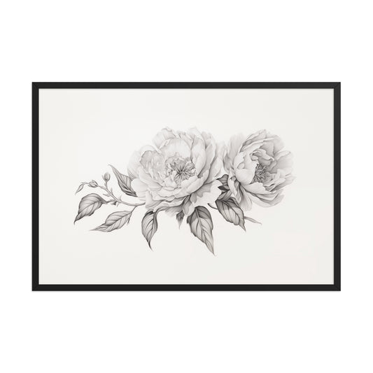 Monochromatic Bloom Pencil Sketch Floral Digital Artwork Framed Wall Art Print - Black Wooden Frame