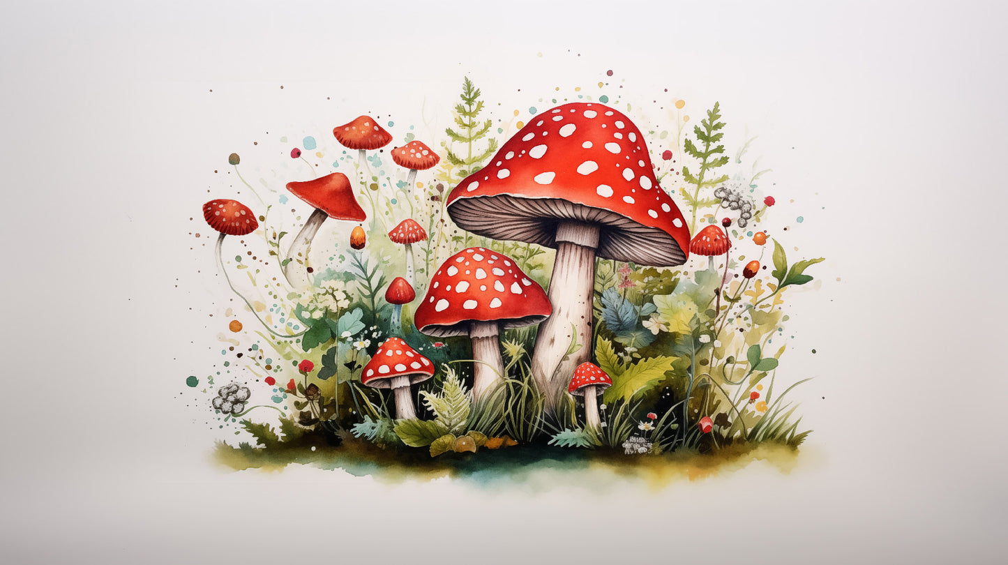 Mushroom Meadow Magic Watercolor Painting - Digital Artwork Loose Art Print