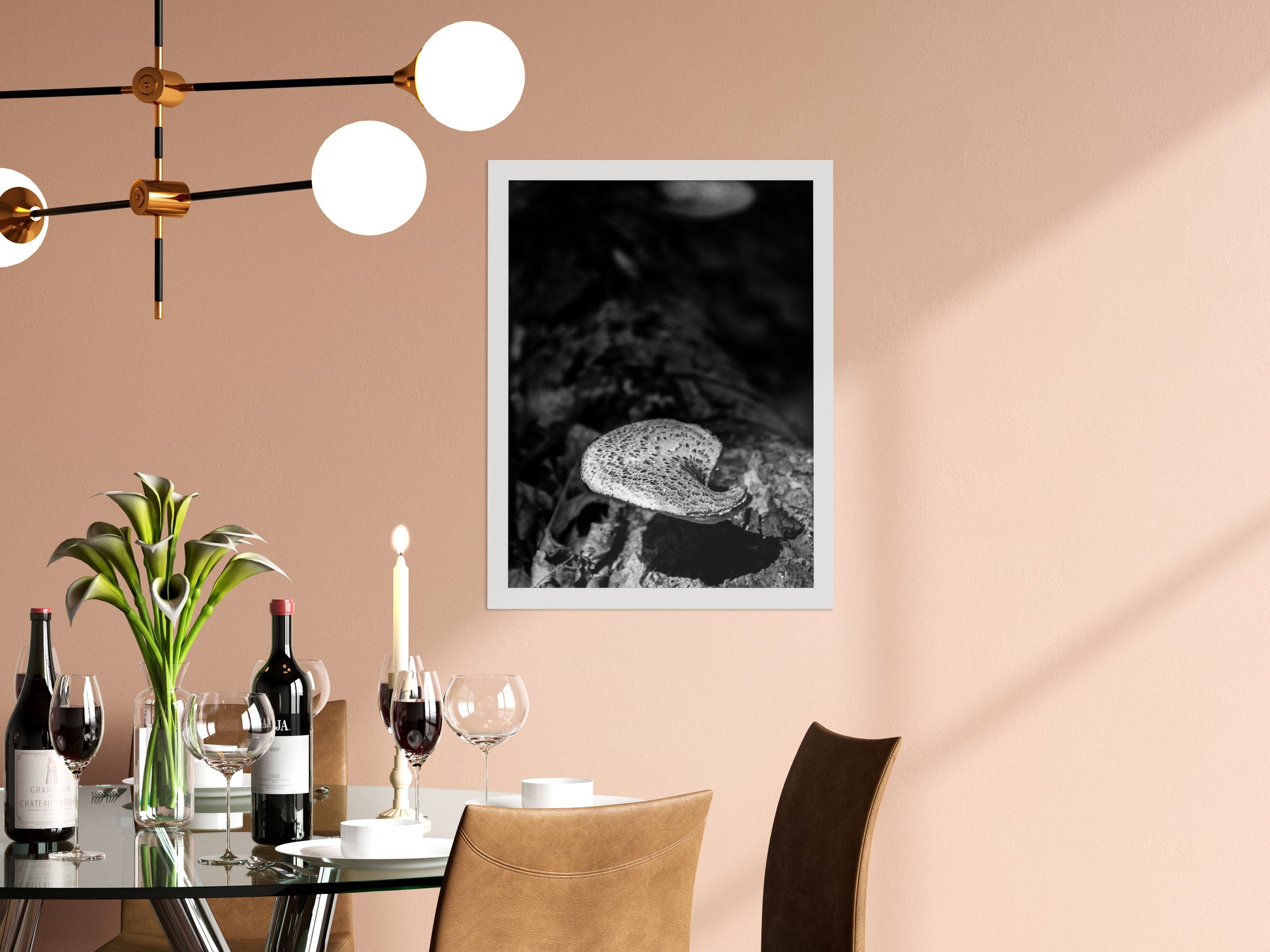 Black And White Prints For Dining Room: Mushroom on Log in Black & White Rustic / Country Style Nature Photo Framed Wall Art Print
