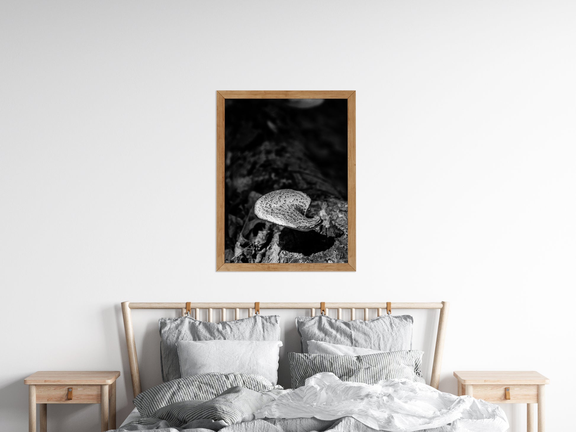 Art Bedroom Wall: Mushroom on Log in Black & White Rustic / Country Style Nature Photo Framed Wall Art Print