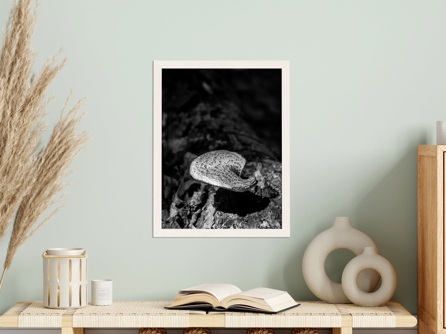 Art Wall Office: Mushroom on Log in Black & White Rustic / Country Style Nature Photo Framed Wall Art Print