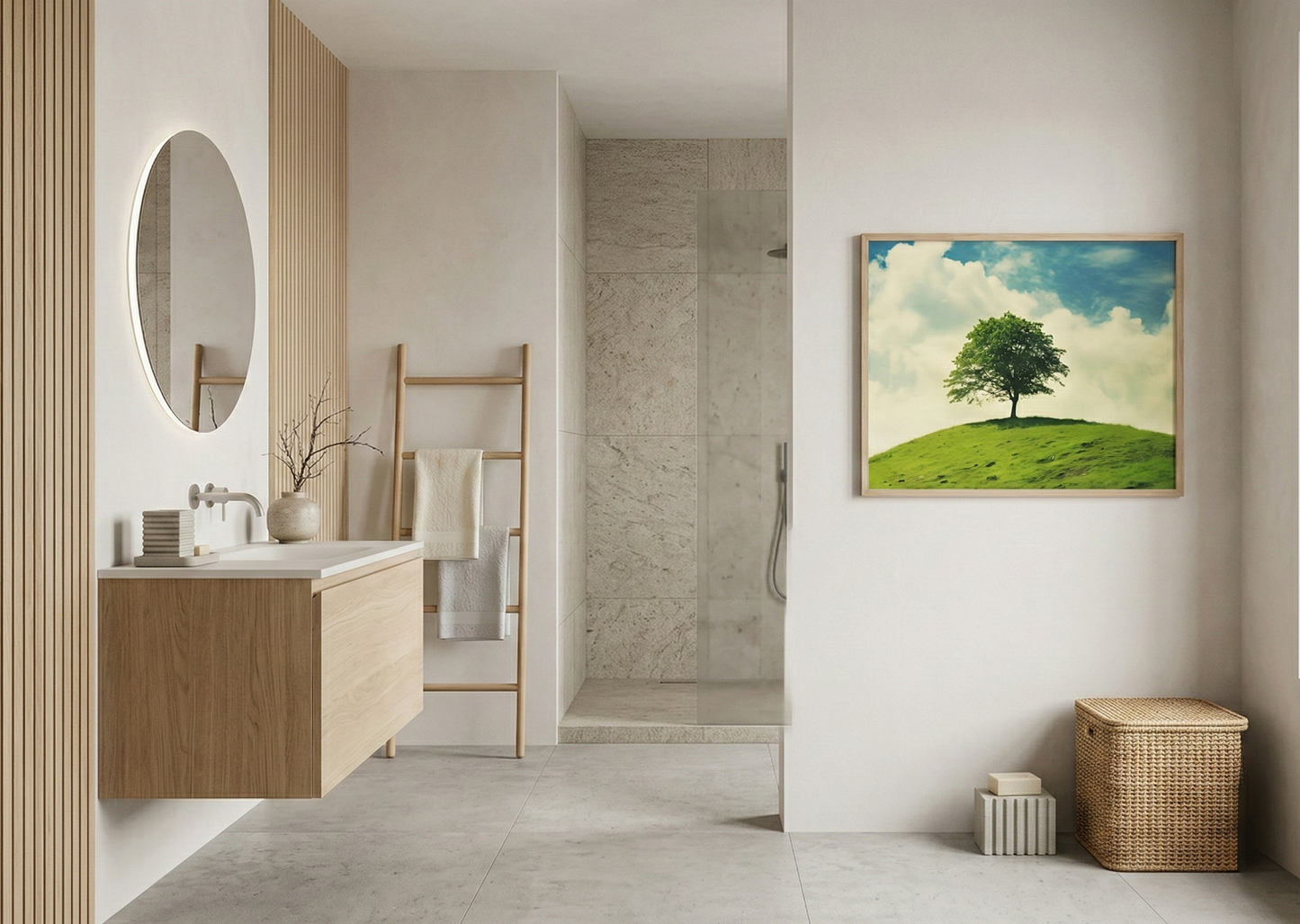 Nature's Majesty Minimal Botanical Retro Subdued Photorealistic Digital Artwork Loose in Japandi Style Bathroom