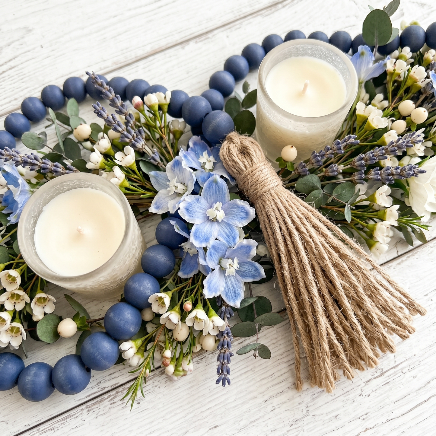 Navy Blue Wood Bead Garland (6) displayed with pretty flowers and candles