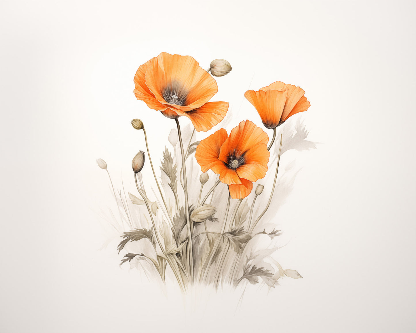 Orange Poppies Pencil Sketch - Digital Artwork Loose Art Print