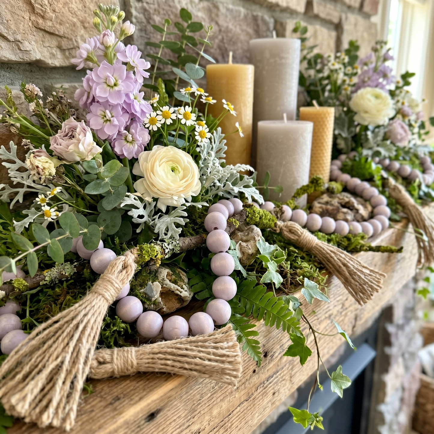 Pale Gray Wood Bead Garland Biophilic Style Mantel Centerpiece
