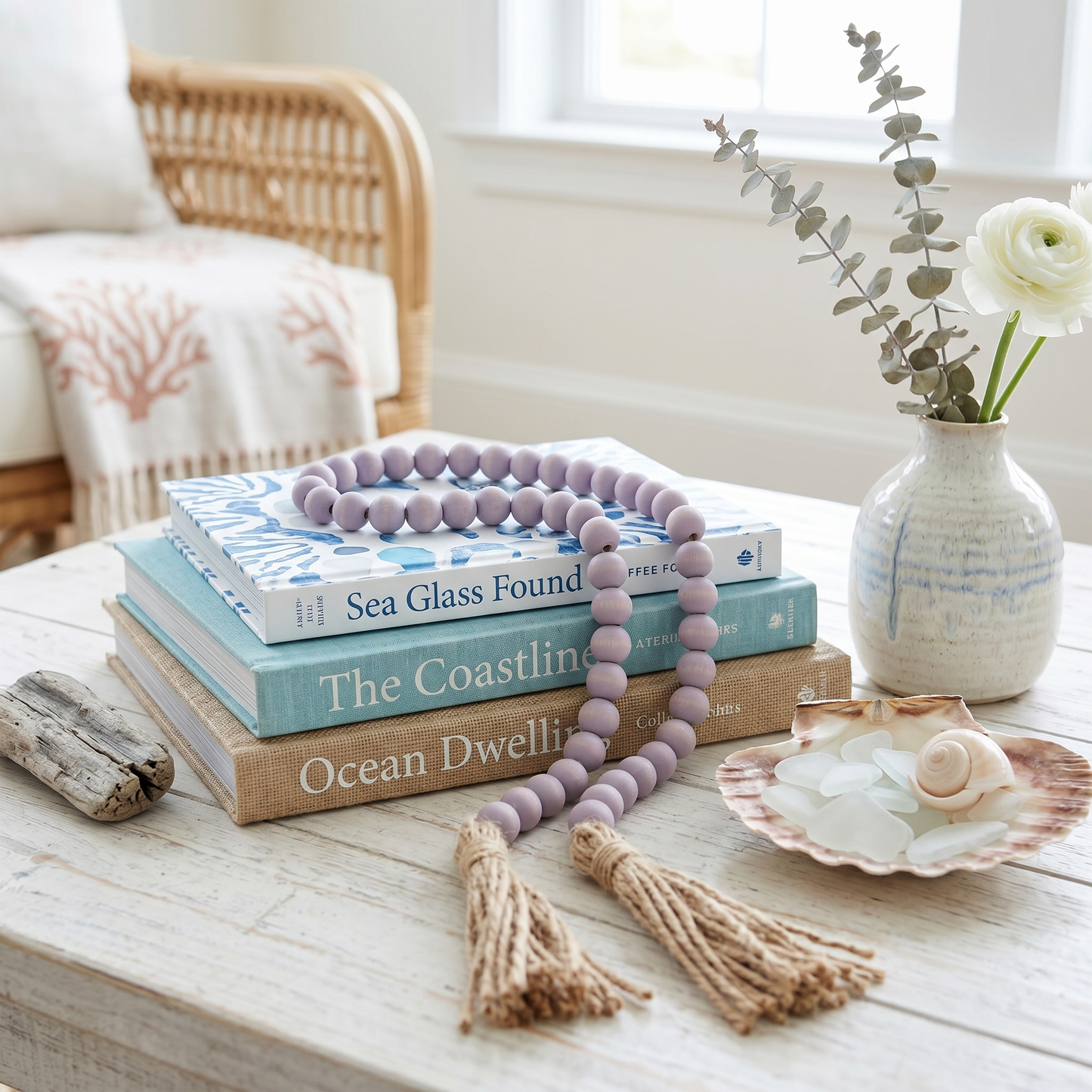 Pale Gray Wood Bead Garland Modern Coastal Style Living Room Table Centerpiece
