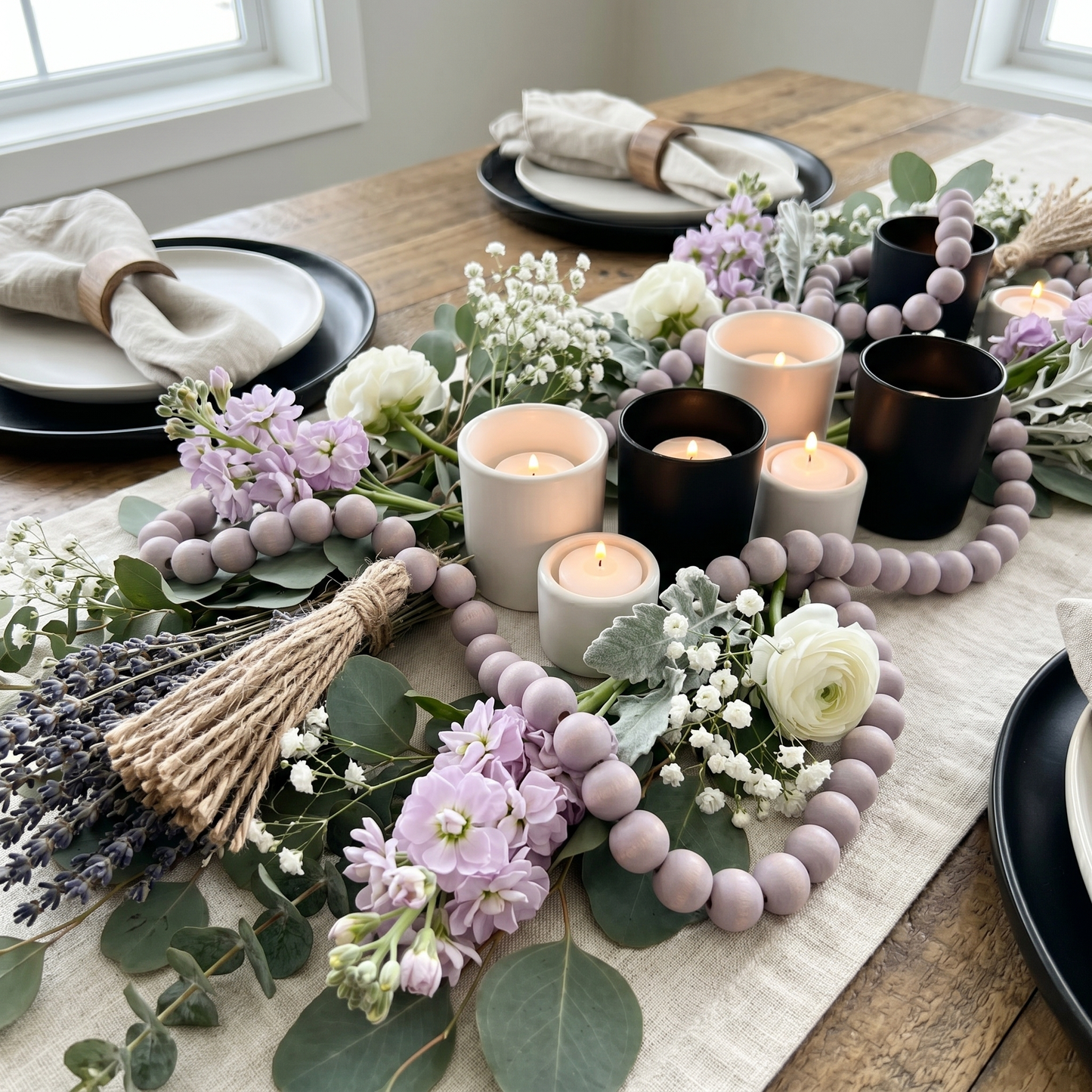 Pale Gray Wood Bead Garland Modern Farmhouse Style Dining Room Table Centerpiece