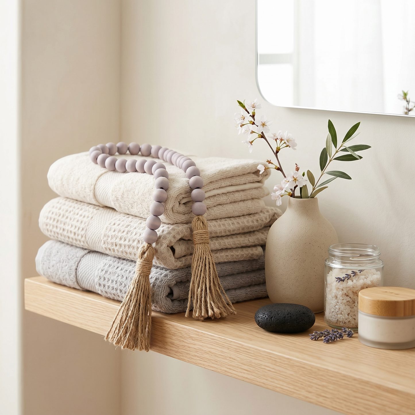 Pale Gray Wood Bead Garland in Japandi Style Bathroom
