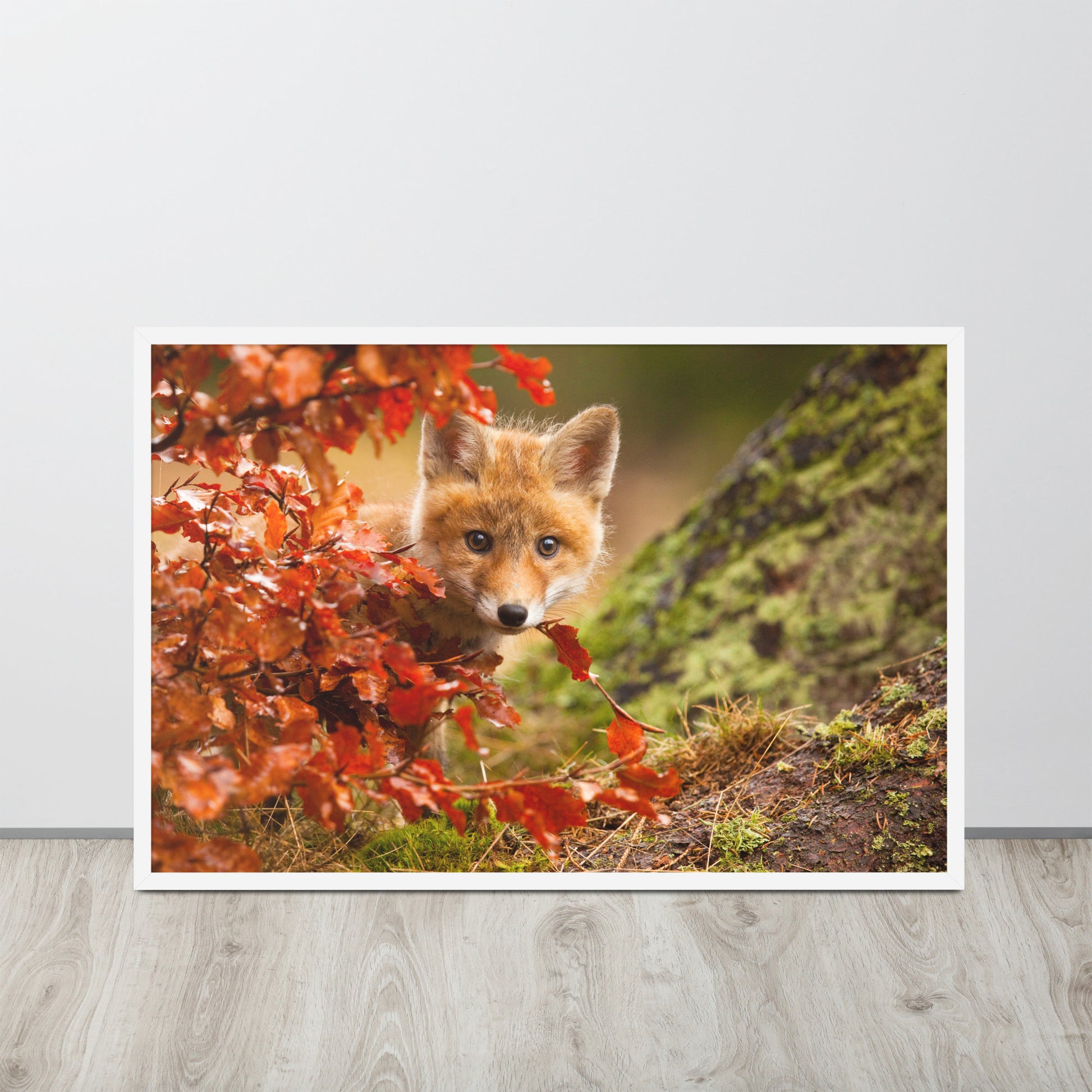Woodland Animal Prints For Nursery: Peek-A-Boo Baby Fox Pup And Fall Leaves - Animal / Wildlife / Nature Artwork - Wall Decor - Framed Wall Art Print