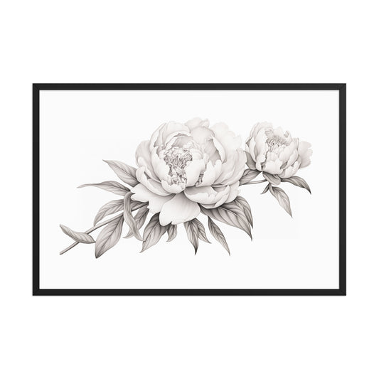 Pencil Petals Pencil Sketch Floral Digital Artwork Framed Wall Art Print - Black  Wood Frame